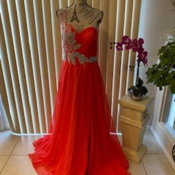 *Sale* Coral Chiffon One Shoulder Embellished Formal Evening Gown Size 10 - Picture 2 of 8